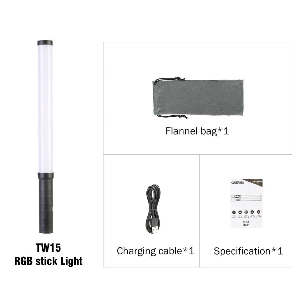 SuteFoto TW20 Handheld RGB LED Light Wand CRI95+ 2800K-10000K Adjustable Color Photography Studio Video Stick Lamp