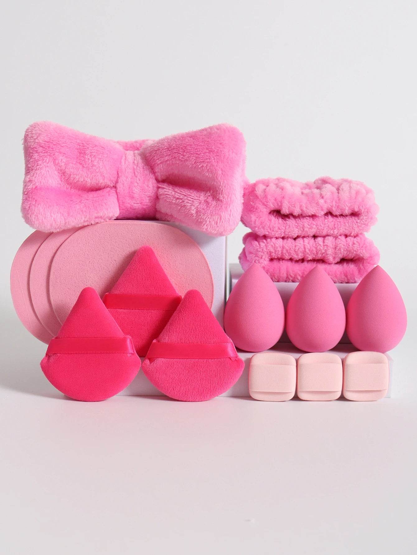 15Pcs Multi-Colored Fluffy Headband & Makeup Sponge Set - Sweet Style Beauty Essentials