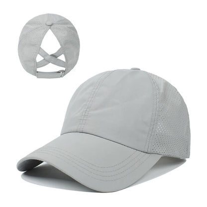 Summer Solid Color Baseball Cap – Quick-Drying Mesh Golf & Sports Hat for Women, Cross Ponytail Design, Men's Peaked Cap