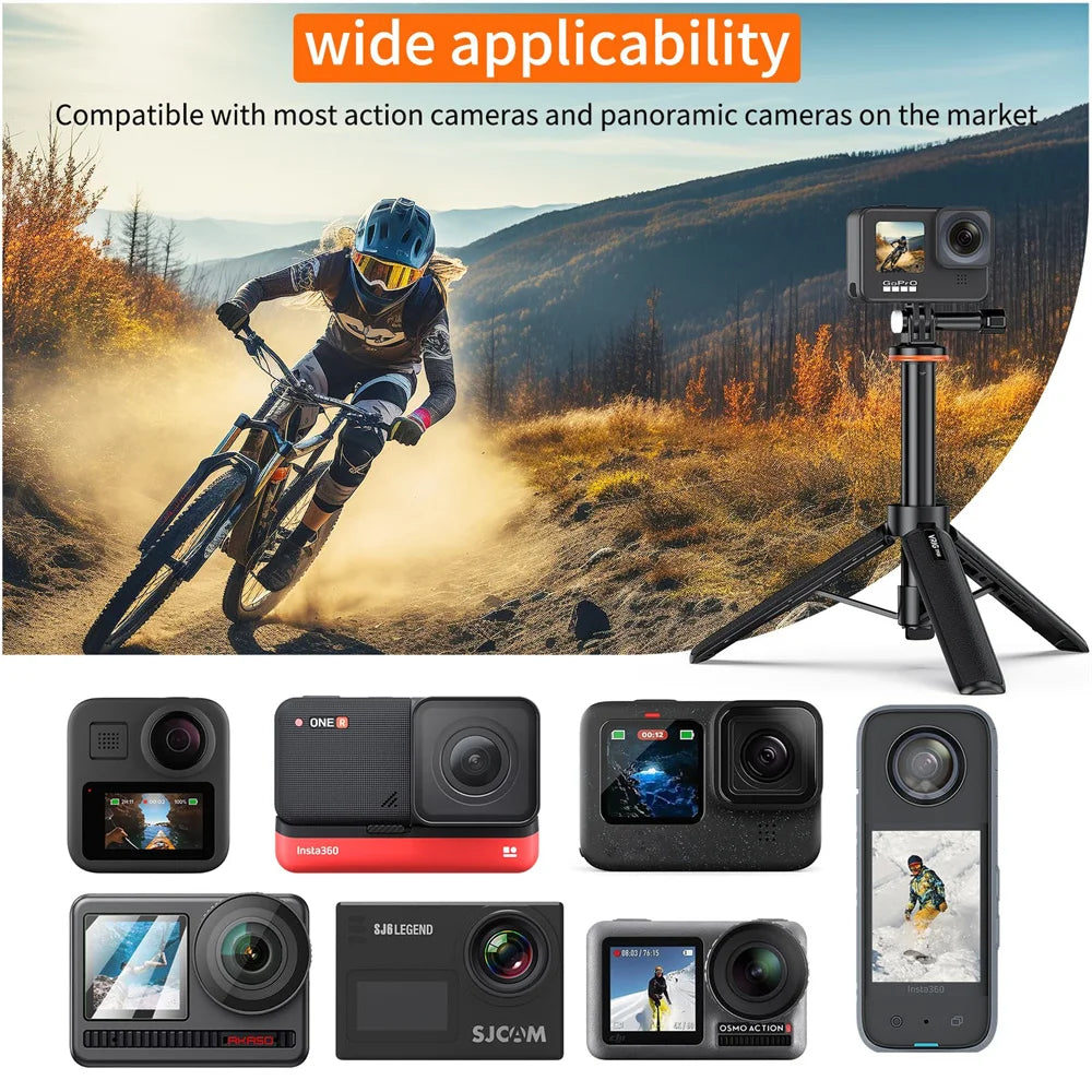 Aluminum Extendable Selfie Stick Tripod – Mini Portable Vlog Tripod for GoPro Hero 12-6, Osmo Action, Insta360 One R & X3
