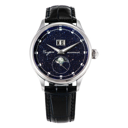 Sugess Moonphase Men’s Automatic Mechanical Watch — 40MM Stainless Steel with Seagull ST2528 Movement and Blue Sandstone Dial