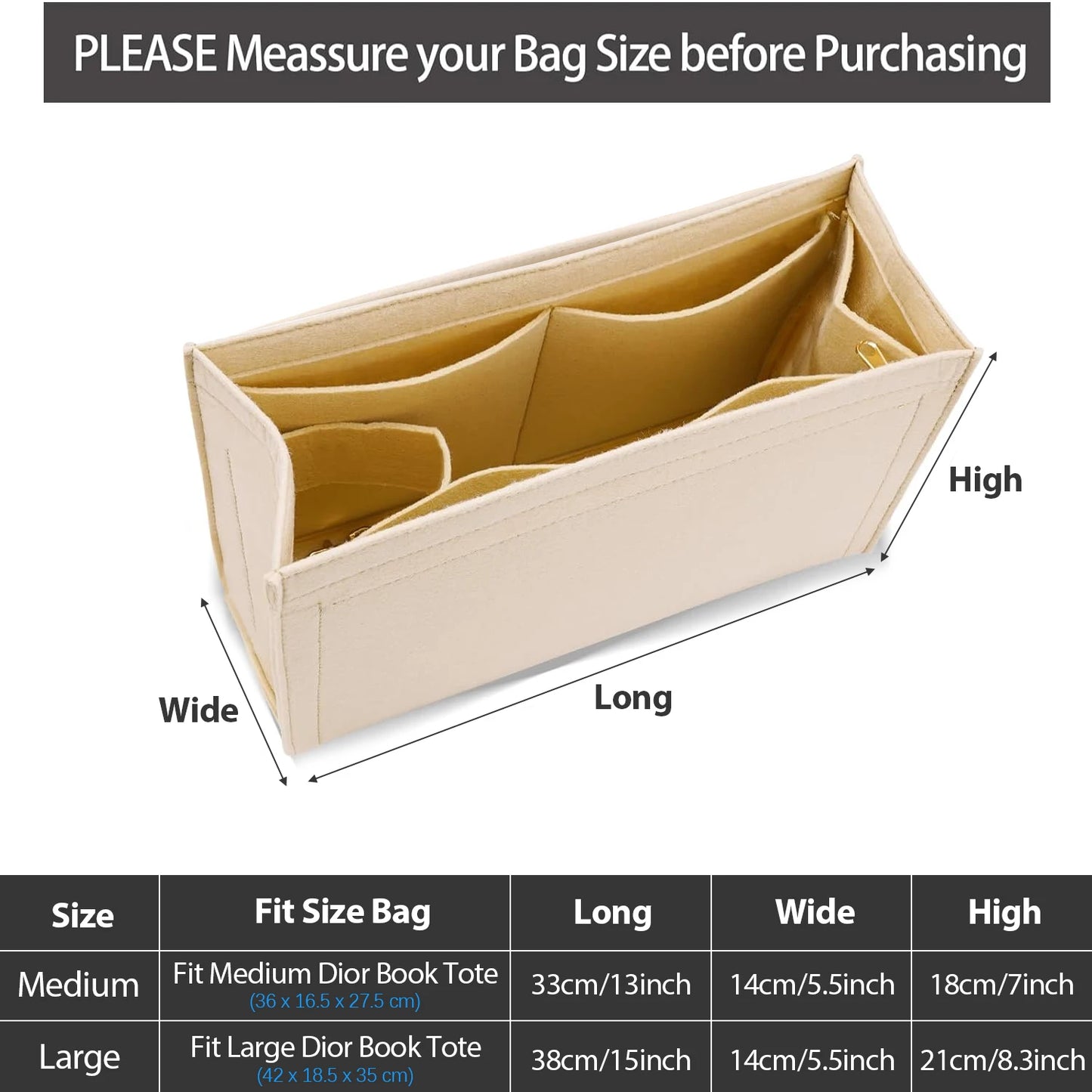 Premium Purse Insert Organizer – Felt Bag Insert with Multiple Pockets for Dior Book Tote & Small Bags