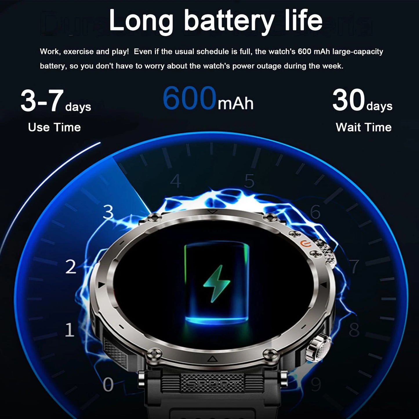 2025 5ATM Outdoor Smartwatch for Men – 600mAh Battery, LED Flashlight, Compass, Bluetooth Call, Heart Rate, IP68 Sports Watch
