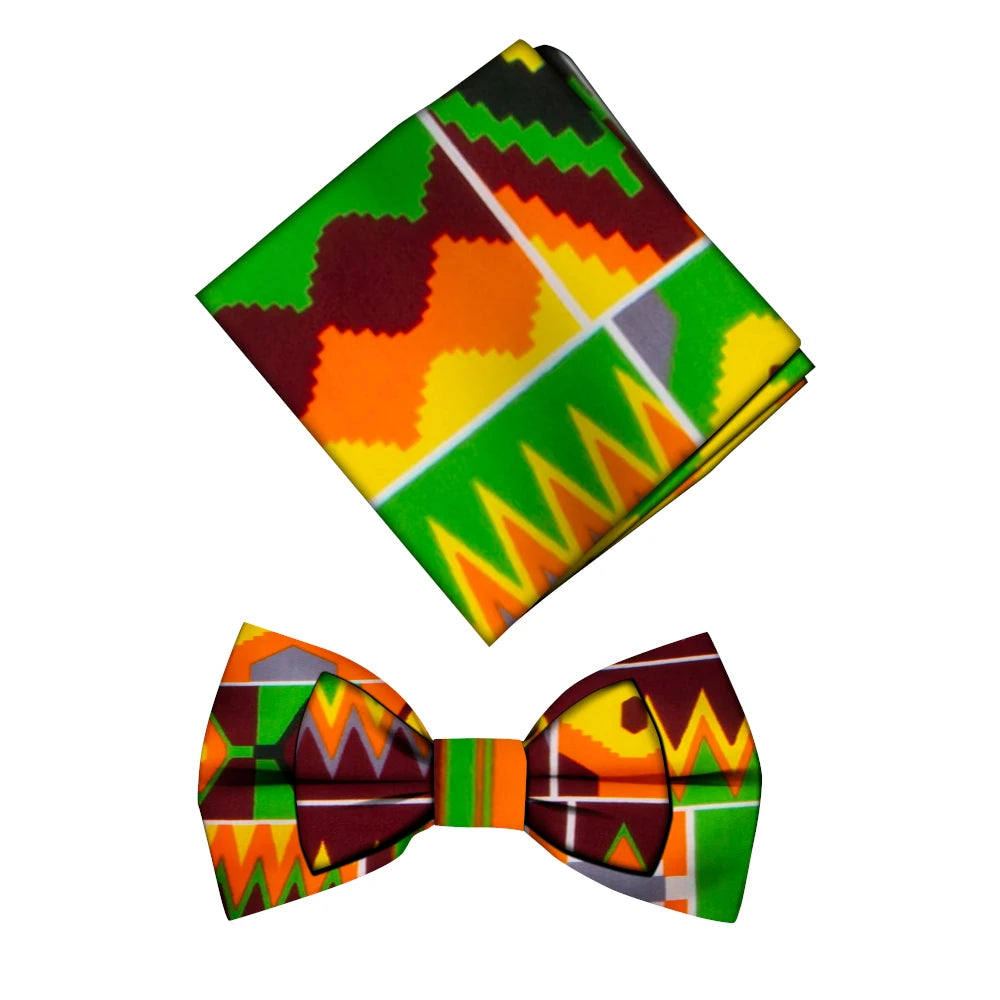 African Print Bow Tie & Kerchief Set - Bohemian Cotton Accessories for Men, Stylish Gift SP077