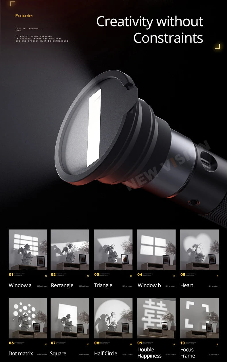 SIDANDE 10W Flashlight with Four Color Projection - 8400mAh Rechargeable Battery, 4 Hours Full-Power Output