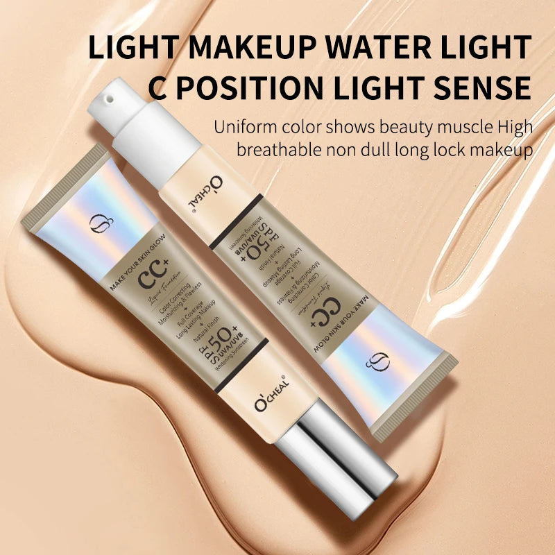 Ocheal CC Cream Foundation 30g SPF 50+ – Waterproof Moisturizing Concealer, Long-Lasting Brightening Makeup Primer with Sunscreen