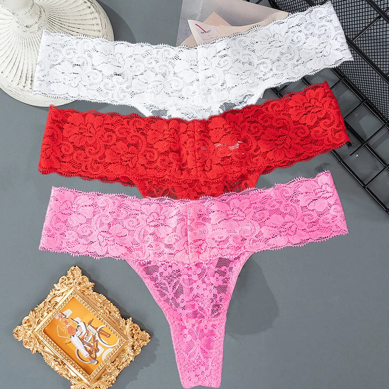 3PCS Lace Floral Women’s Panties - Low Waist Breathable Briefs & Thong, Sexy G-String Transparent Underwear (M-2XL)