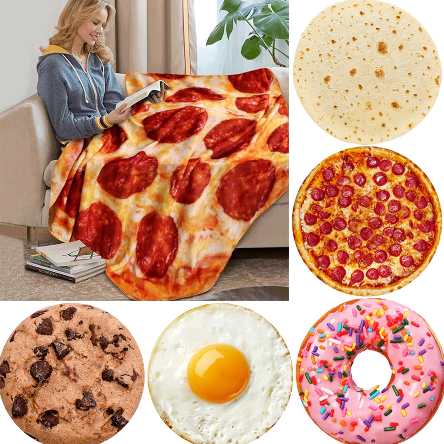 Warm Pizza Plush Blanket - Super Soft Round Throw Blanket for Bed Sofa Camping Winter Decor and Cozy Home Use