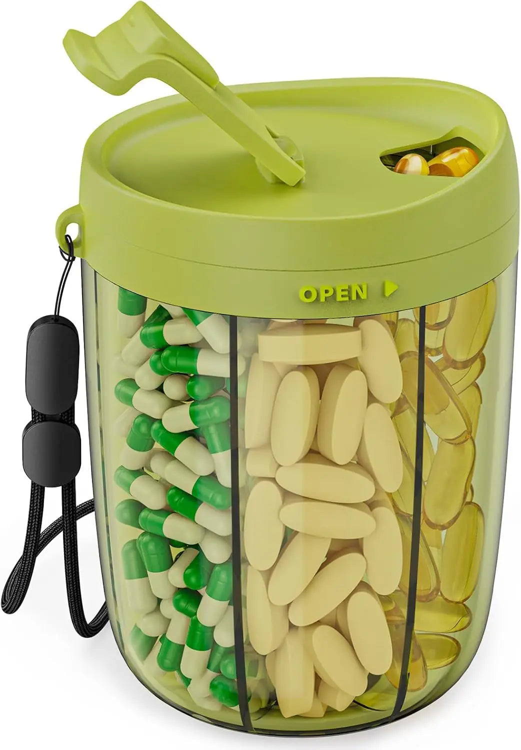 6-Grid Large Pill Organizer – Travel Supplement Case for Vitamins, Pills, and Capsules with Straw Container