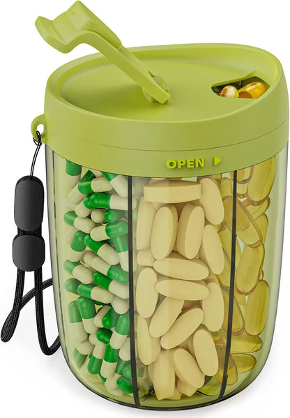 6-Grid Large Pill Organizer – Travel Supplement Case for Vitamins, Pills, and Capsules with Straw Container