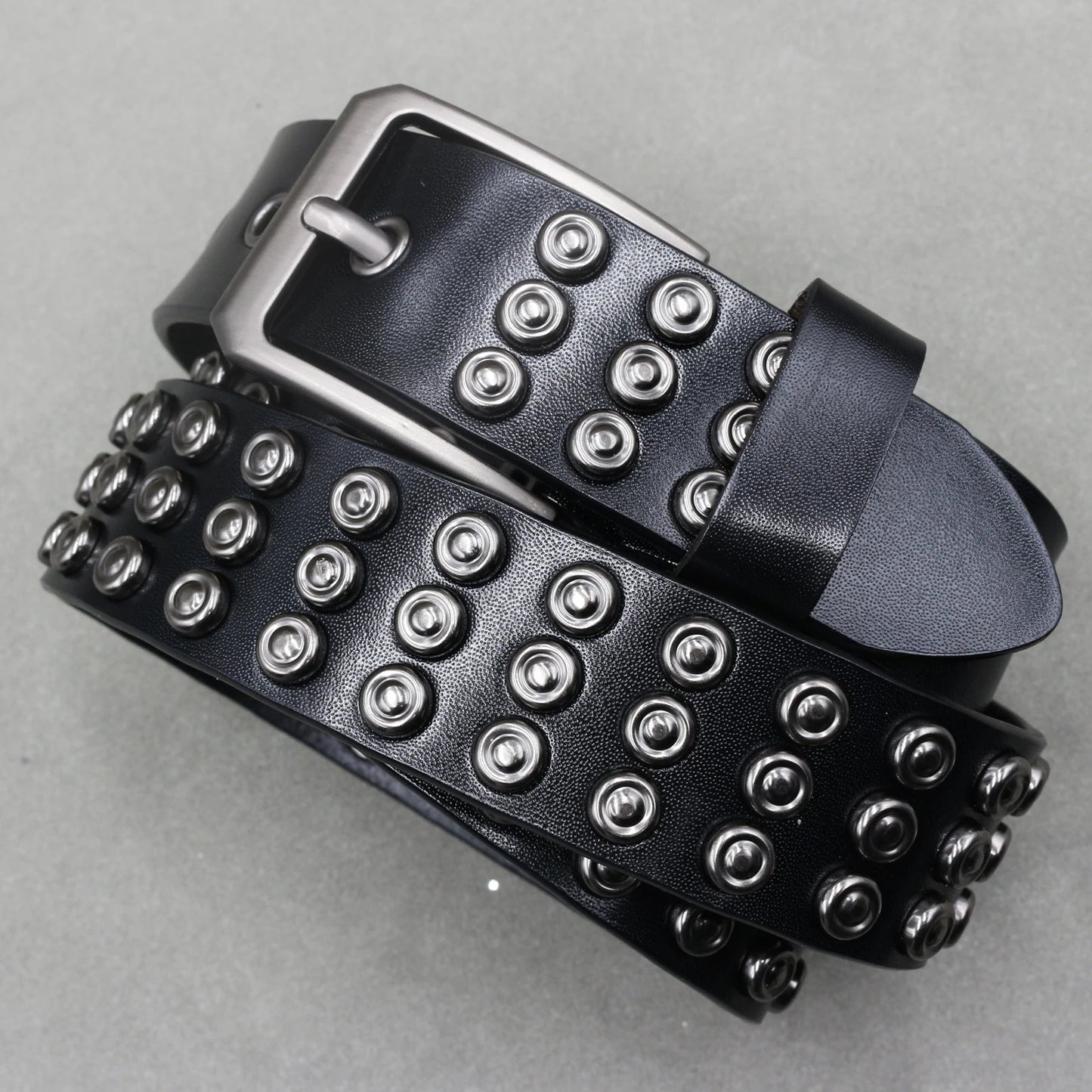 Men’s Designer Rivet Belt – Genuine Cowhide Leather Punk Rock Pin Belt for Jeans, Luxury Black Leather Belt