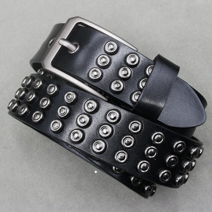 Men’s Designer Rivet Belt – Genuine Cowhide Leather Punk Rock Pin Belt for Jeans, Luxury Black Leather Belt