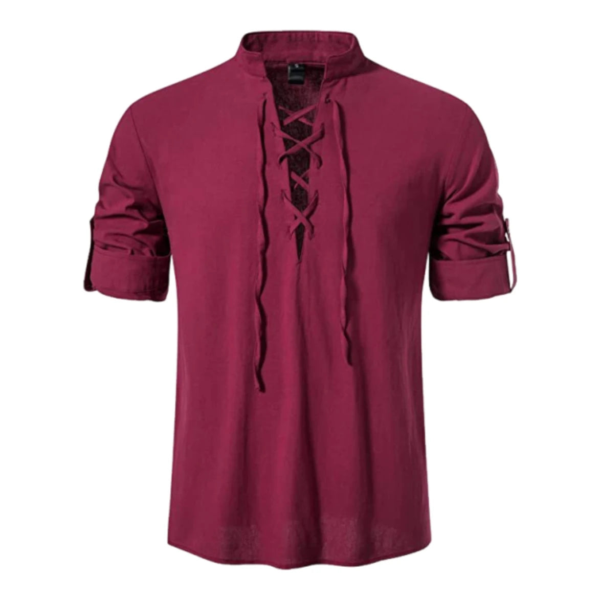 Men's Retro Linen Lace-Up Shirt - Long Sleeve Stand Collar Medieval Pirate Viking Renaissance Casual Top