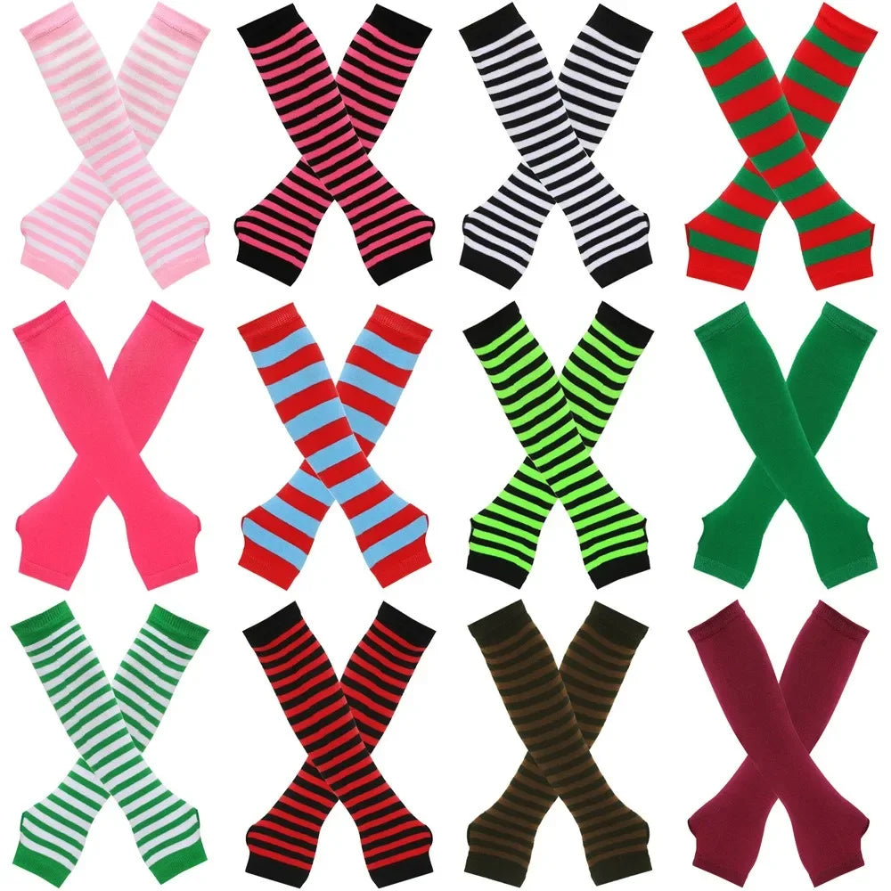 Warm Knitted Long Fingerless Gloves – Striped Elbow Mittens for Women, Fashion Christmas Gift