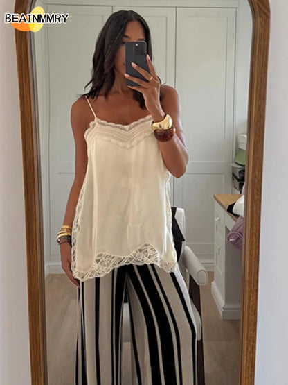 Women’s Lace Patchwork Sleeveless Sling Top – Square Neck Backless Sheer Club & Vacation Blouse 2025