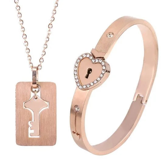 Couple Stainless Steel Love Lock Bracelet with Key Pendant Necklace – Romantic Jewelry Gift for Men and Women