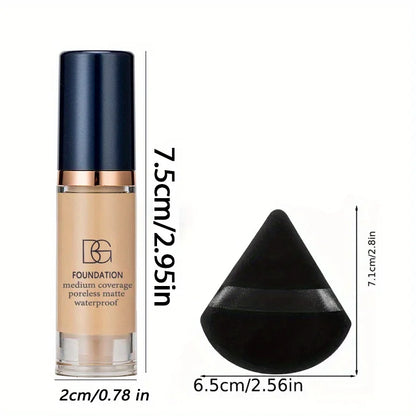 2PCS Waterproof Liquid Foundation Set - Matte Full Coverage Makeup with Black Triangle Powder Puff for Flawless Finish
