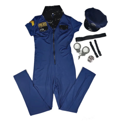 Women's Blue Police Jumpsuit Costume - 7-Piece Zipper Cop Uniform Set for Halloween Cosplay