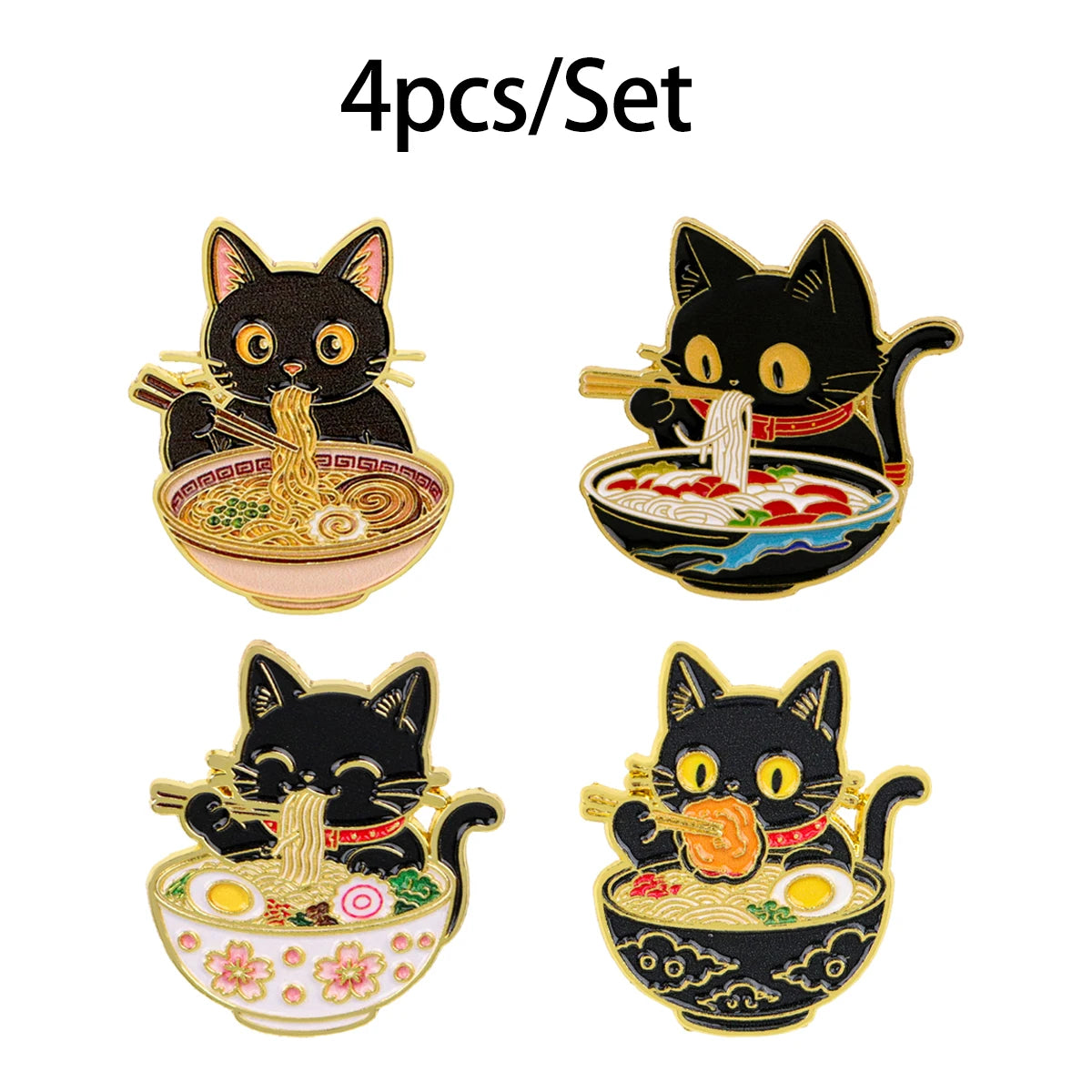 2/3-Piece Cute Black Cat Enamel Pin Set - Noodle Cartoon Badges for Backpacks, Hats, Collars, and Gifts