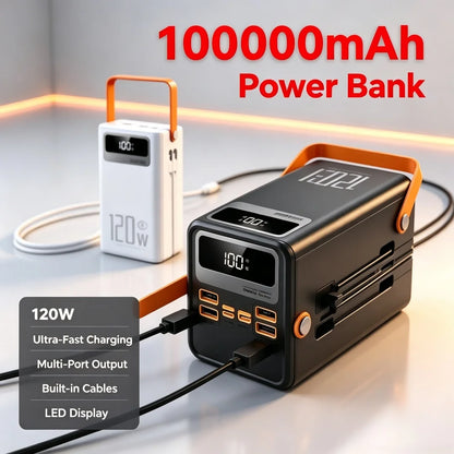 120W 100000mAh Fast Charging Power Bank - Large Capacity Portable Outdoor Power Supply for Camping and Travel