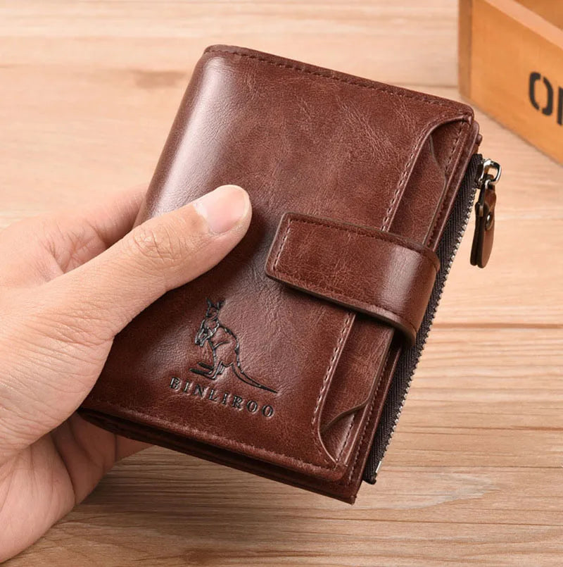 Luxury Leather Men’s Short Wallet – RFID Card Holder with Zipper Coin Purse Portable Billfold