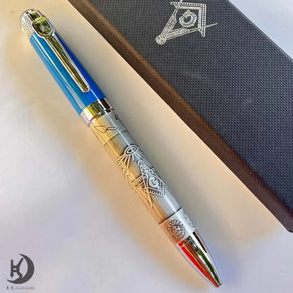Masonic Silver Ballpoint Pen — Heavyweight Ancient Symbol Writing Pen with Gift Box, Black/Red/Green
