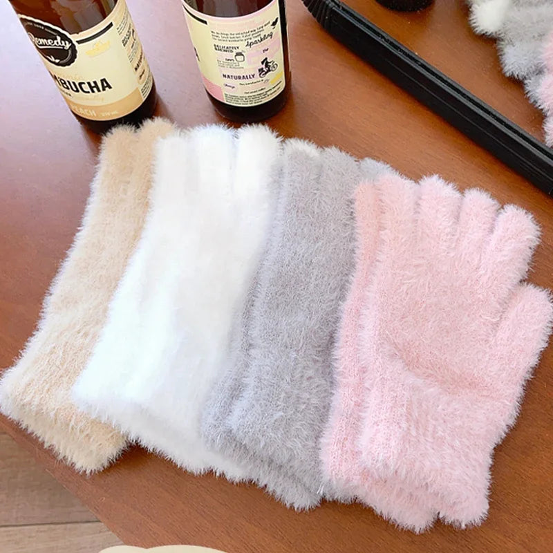Fashion Winter Mink Velvet Gloves for Women - Plush Warm Cold-Proof Five Finger Mittens, Ideal for Outdoor Cycling in Solid Colors