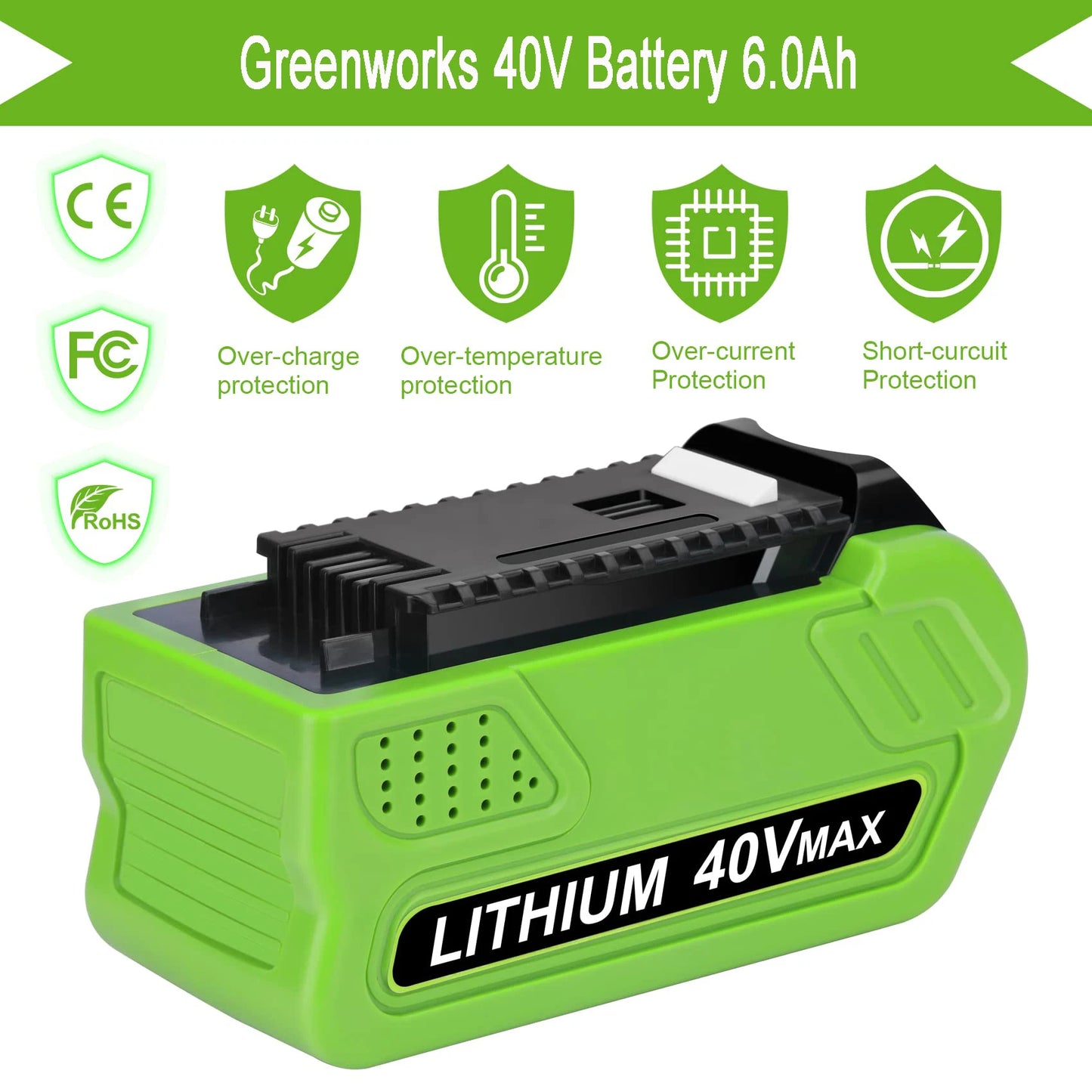 Greenworks 40V 6.0Ah G-MAX Li-Ion Battery – Compatible with 29472, 29462, 29252, 20202, 22262 Cordless Power Tools (Not Gen 1)