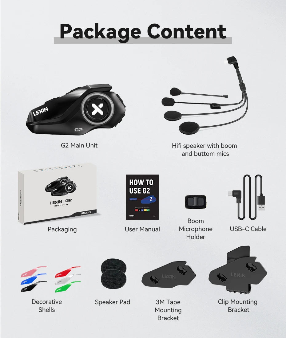 Lexin G2P Motorcycle Helmet Bluetooth Intercom – Hands-Free Communicator for Up to 6 Riders with FM Radio