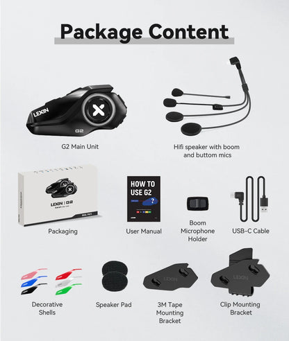 Lexin G2P Motorcycle Helmet Bluetooth Intercom – Hands-Free Communicator for Up to 6 Riders with FM Radio
