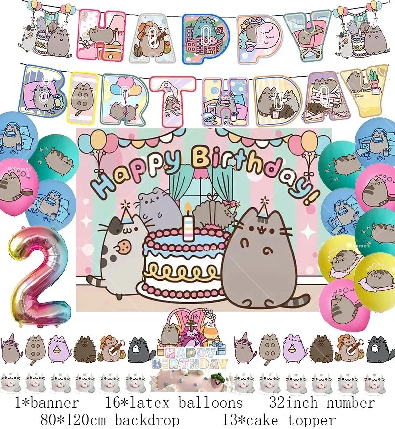 Pusheen Cat Birthday Party Decorations - Cartoon Pet Theme Balloons, Banner, Backdrop, Cake Topper, and Baby Shower Stickers
