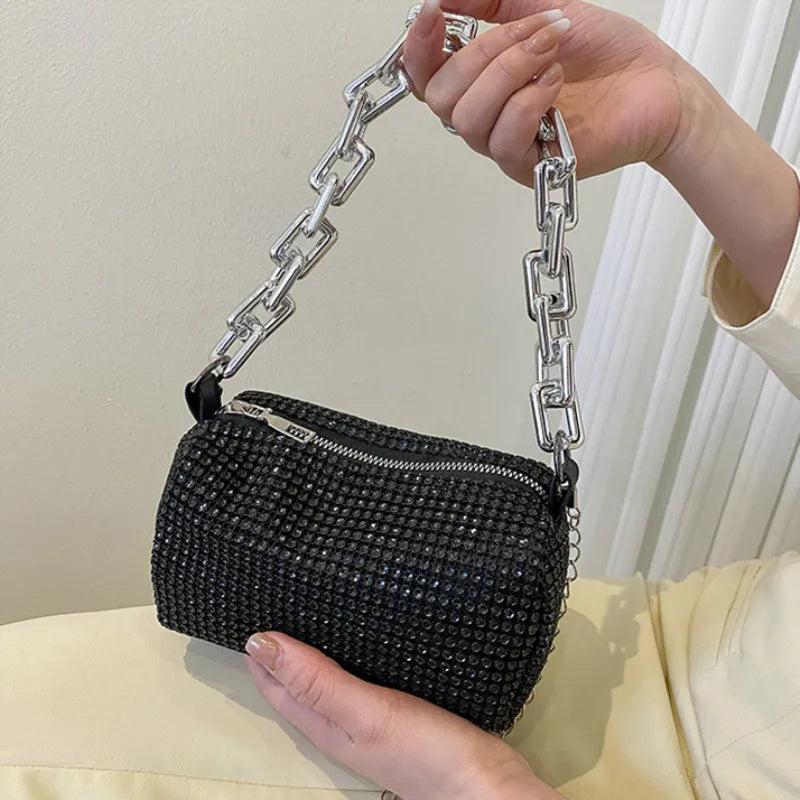 Allover Rhinestone Bucket Bag – Glitter Chain Prom Purse, Women's Mini Crossbody Bag (6.3 x 3.54 Inches)