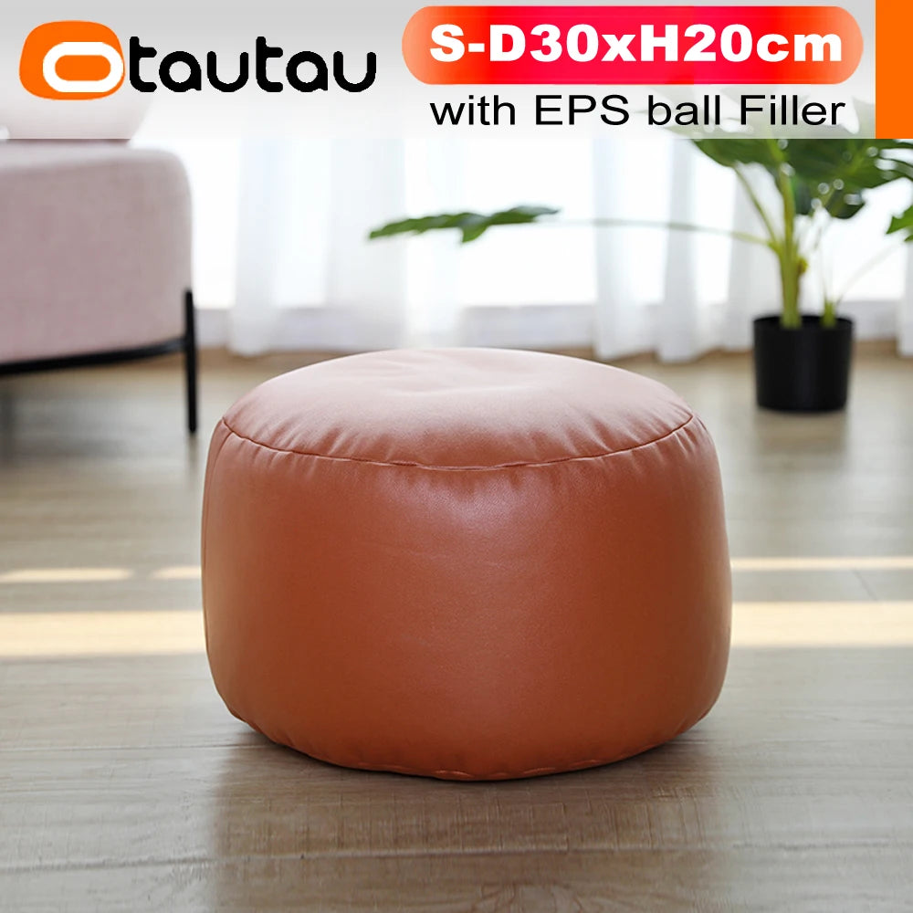 OTAUTAU Small Round Faux Leather Ottoman Stool – Beanbag Pouf Footstool, Floor Seat & Footrest JD004