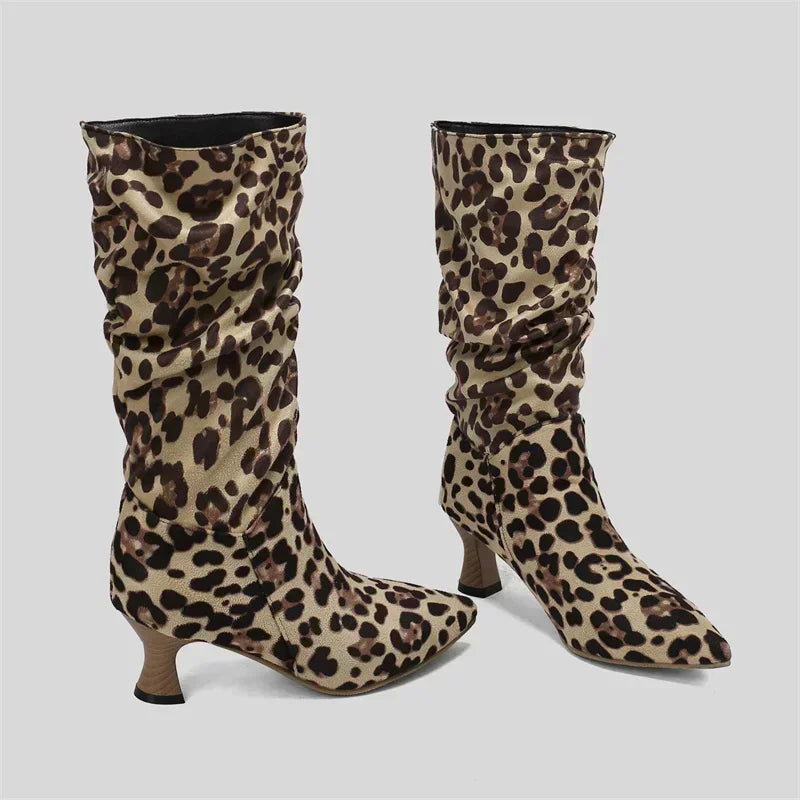 Women’s Winter Pleated Denim Mid-Calf Boots – Pointed Toe Slip-On Slouch Boots with Kitten Heels for Party & Club (Blue, Red, Black)