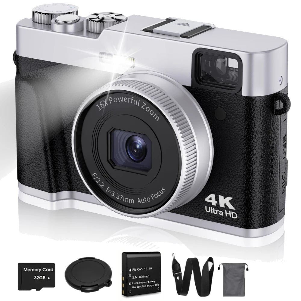 4K Digital Camera – 48MP Auto Focus Vlogging Camera for YouTube, Anti-Shake Video with Viewfinder, Flash & Dial