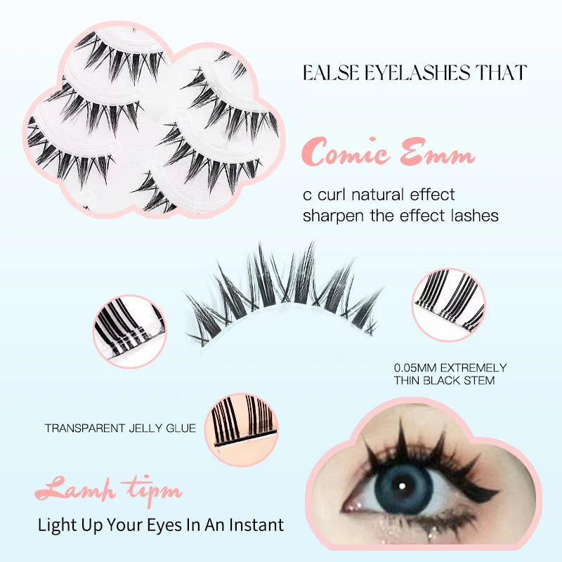 5 Pairs Manga False Eyelashes – Wispy Soft Cluster Lashes Natural Thick Clear Band Korean Anime Style Makeup Lashes