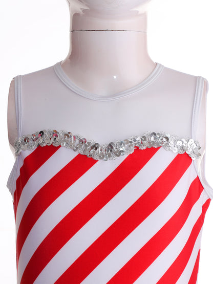 Kids Candy Cane Striped Christmas Tutu Leotard — Sequined Santa Bodysuit for Ballet & Gymnastics