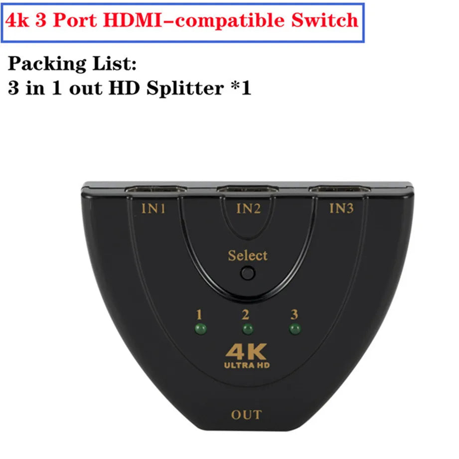 3x1 HDMI Switch 4K/1080P – 3 Input 1 Output Video Splitter Adapter Hub for Xbox, PS4, PC, Laptop & HDTV