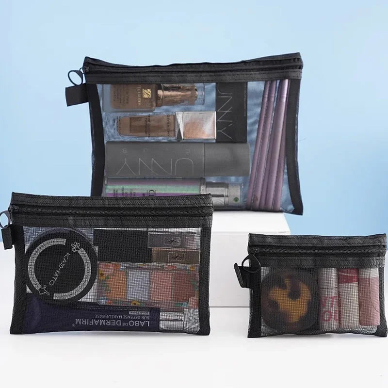 1/3pcs Mesh Clear Cosmetic Bags — Small & Large Black Makeup Travel Organizer Pouches for Toiletries & Lipstick Storage