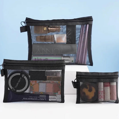 1/3pcs Mesh Clear Cosmetic Bags — Small & Large Black Makeup Travel Organizer Pouches for Toiletries & Lipstick Storage