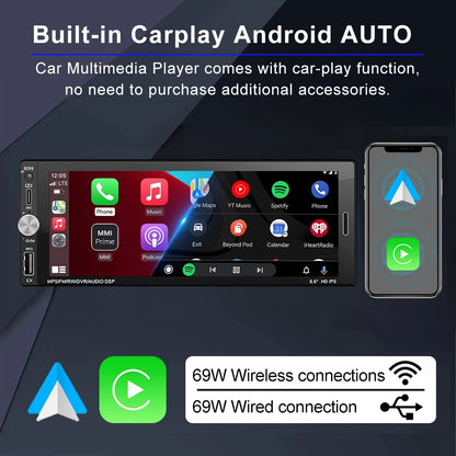 XIMA 6.9-Inch 1Din Car Stereo with Wireless CarPlay - Android Auto, Bluetooth, MP5, FM, USB & IPS Touchscreen