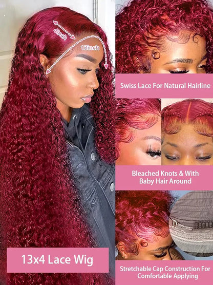99J Burgundy Deep Wave Lace Front Wig – High Density Curly Red 13x6 HD Transparent Frontal Human Hair