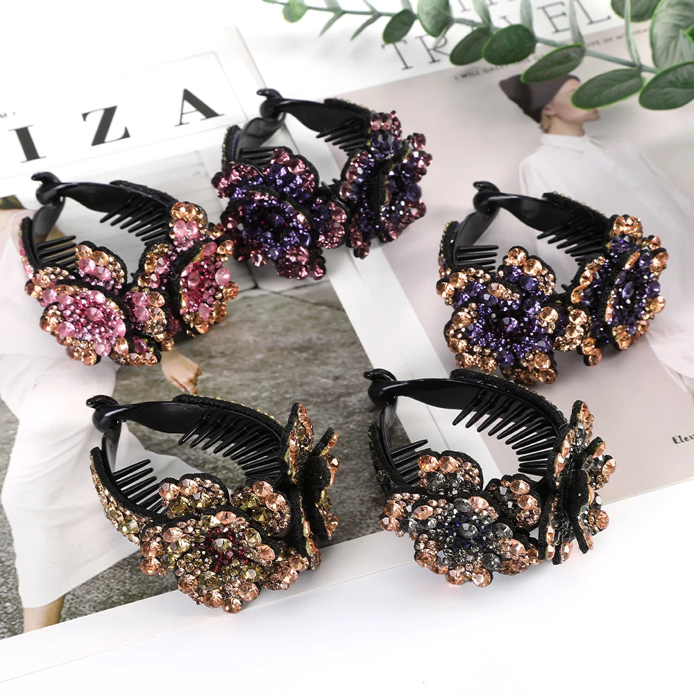 AWAYTR Colorful Crystal Flower Hair Claw – Large Flower Crab Clamp Barrettes, Shark Clip Hair Accessories for Women