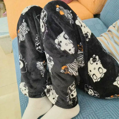 Thick Hello Kitty Fleece Pajama Pants – Soft Double Elastic Anime Trousers for Women, Cute Sanrio Birthday Gift