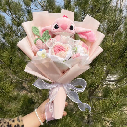 Cartoon Stitch Plush Doll with Flowers – Handmade Stuffed Animal Bouquet for Valentine’s, Christmas & Graduation Gifts