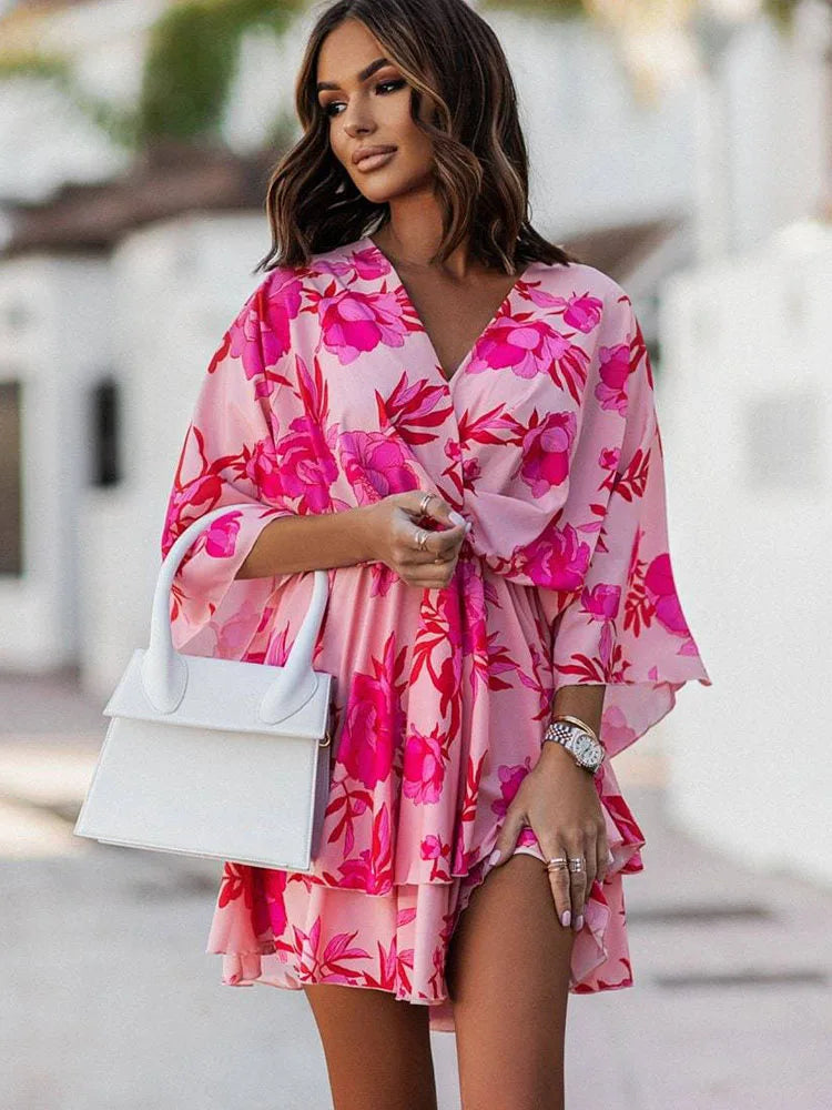 Women’s Sexy V-Neck Ruffle Mini Dress – Summer Boho Floral Batwing Sleeve Beach Party Dress