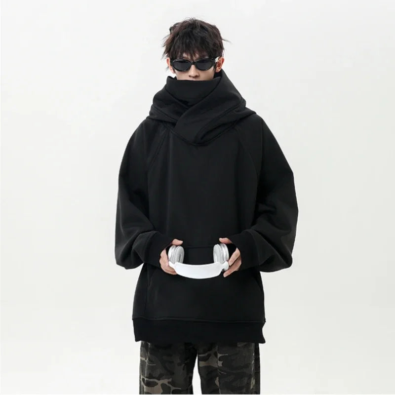 Autumn High Neck Sweatshirt for Men – Pile Collar Hoodie, Harajuku Ninja Style, Casual Sports Loose Fit Top