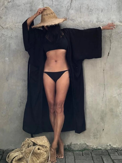 Women’s Solid Belted Wrap Kimono Beach Cover Up Dress – Swimsuit Robe Summer Beachwear 2025 New Casual Vacation Outfit