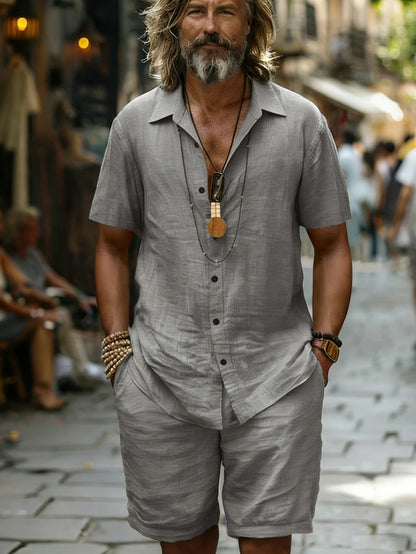 Men’s Cotton Shirt & Shorts Set - Short Sleeve Loose Fit Summer Beach Casual Two Piece Outfit