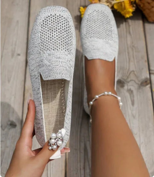 Solid Color Square Toe Mesh Loafers – Women’s Casual Slip-On Ballet Flats, Soft Bottom Knit Boat Shoes